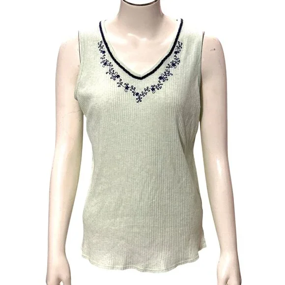 Adonna Lounge Set Green Ribbed Tank Top Shorts Navy Embroidery Size Large - Picture 2 of 16